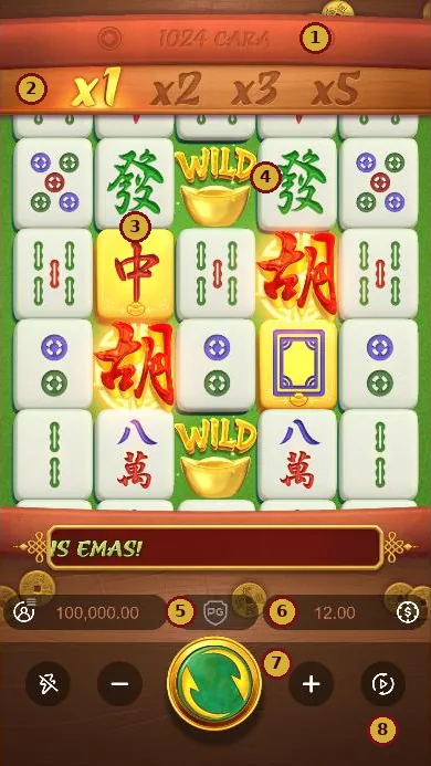 Mahjong Ways antarmuka dengan nomor 1 sampai 8: 1024 CARA, bar pengali, simbol emas, Wild, saldo, taruhan, SPIN, Auto Spin Mahjong Ways antarmuka dengan nomor 1 sampai 8: 1024 CARA, bar pengali, simbol emas, Wild, saldo, taruhan, SPIN, Auto Spin